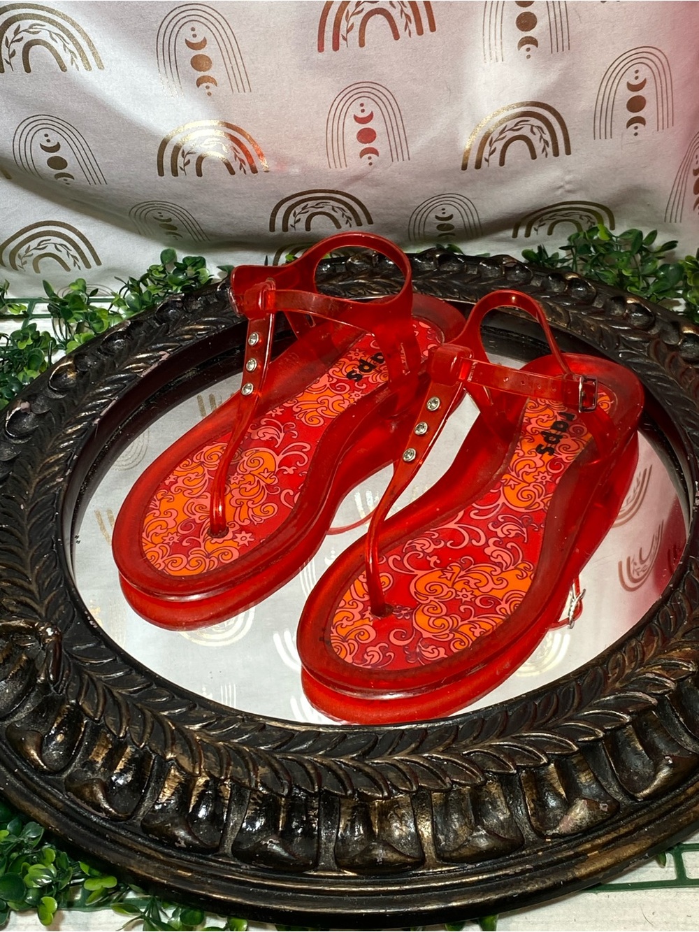 BareTraps Red Jelly T-Strap Sandals with Patterned Insole
